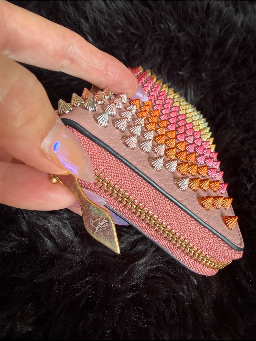 Christian Louboutin Pink Zip-Around Wallet with Multicolor Gradient Studs - Picture 6 of 17